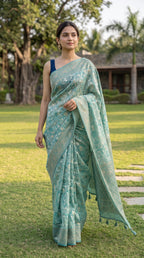 Chanderi Cotton saree with jacquard weave pallu in teal