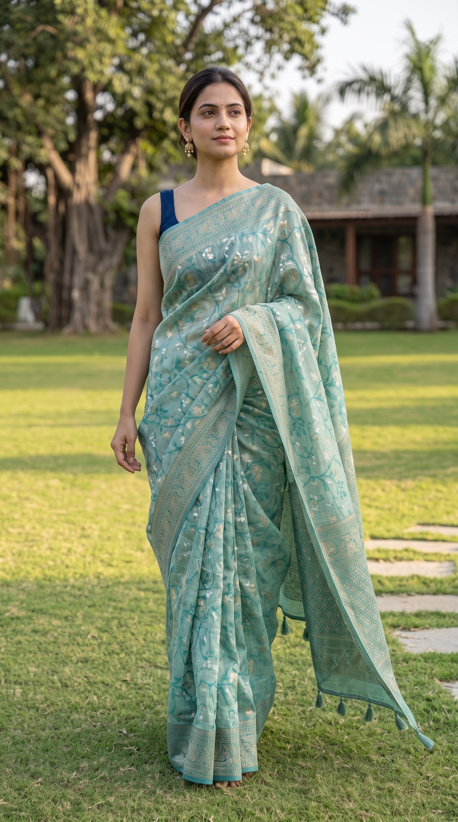 Chanderi Cotton saree with jacquard weave pallu in teal
