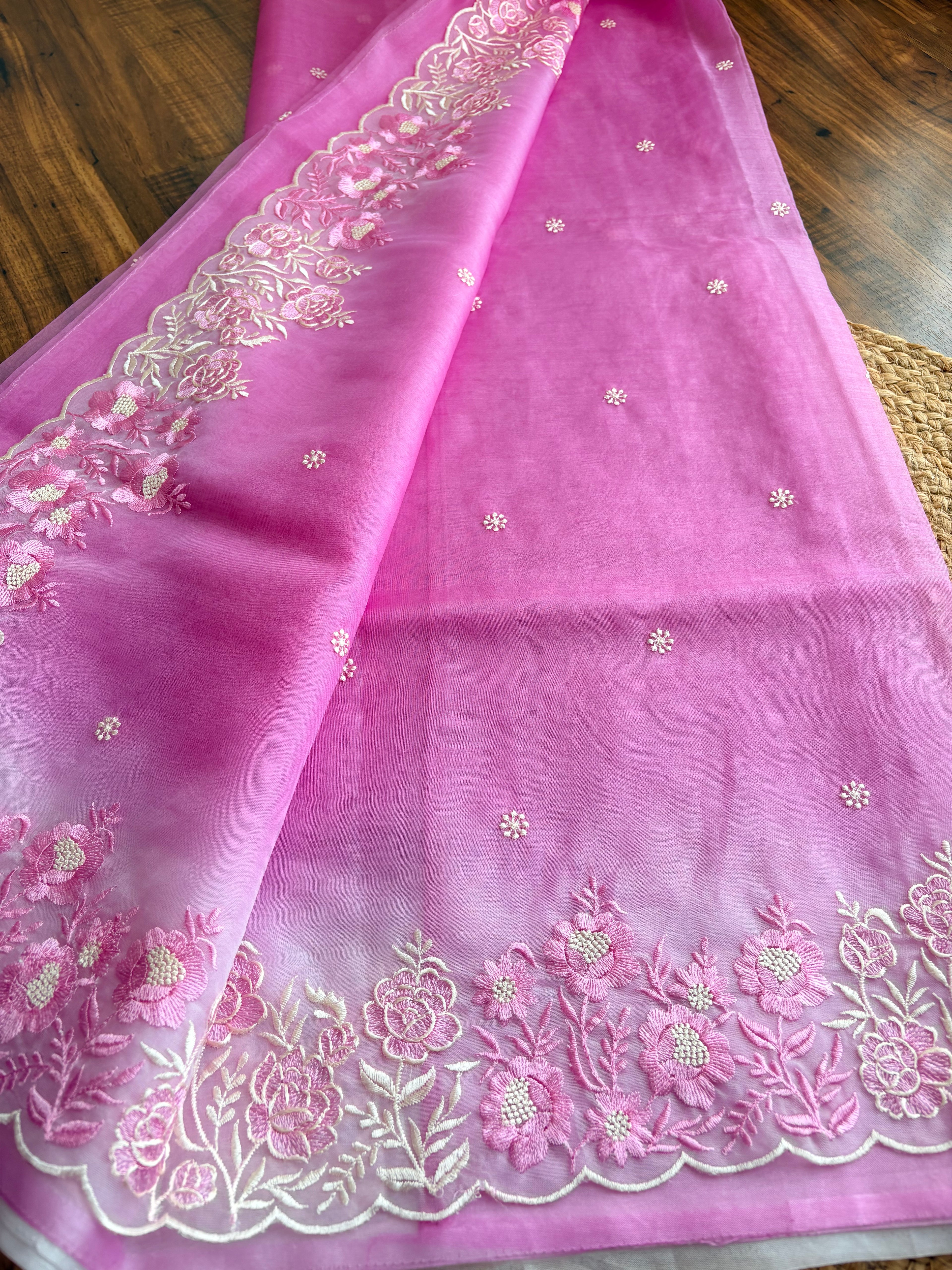 Ombre Organza saree with floral embroidery-Pastel Pink