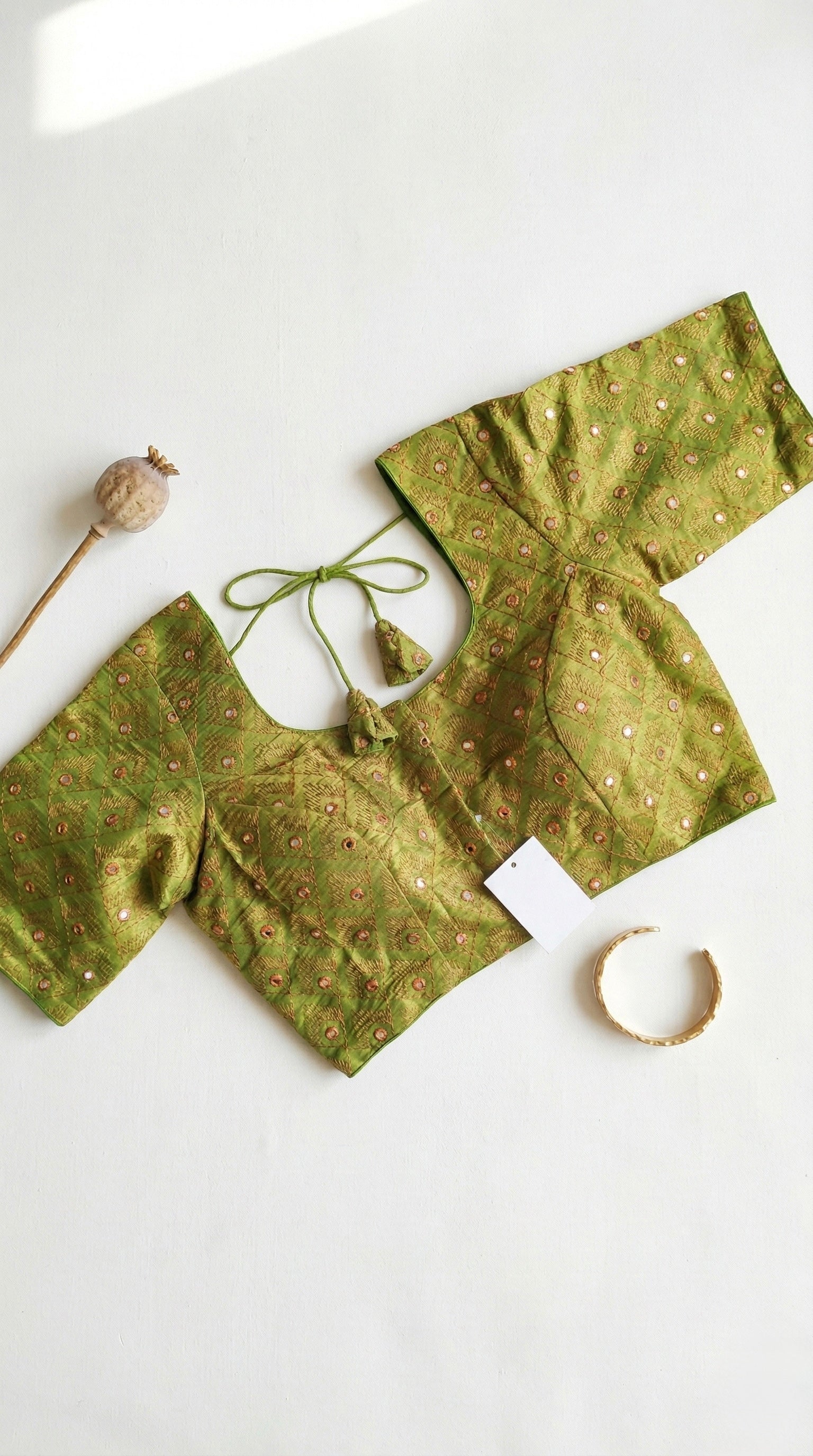 Mirror and thread embroidered silk padded blouse