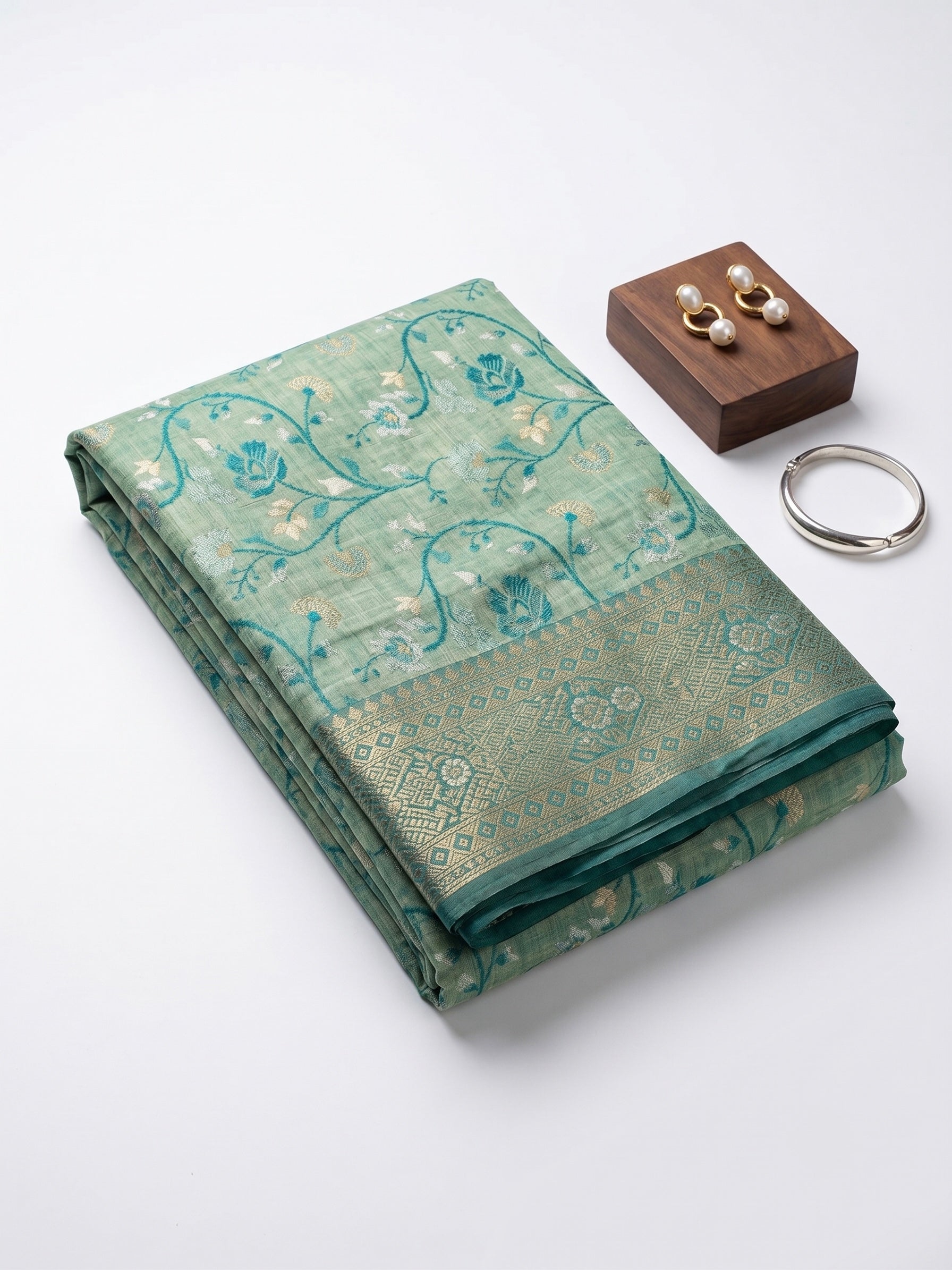 Chanderi Cotton saree with jacquard weave pallu in teal