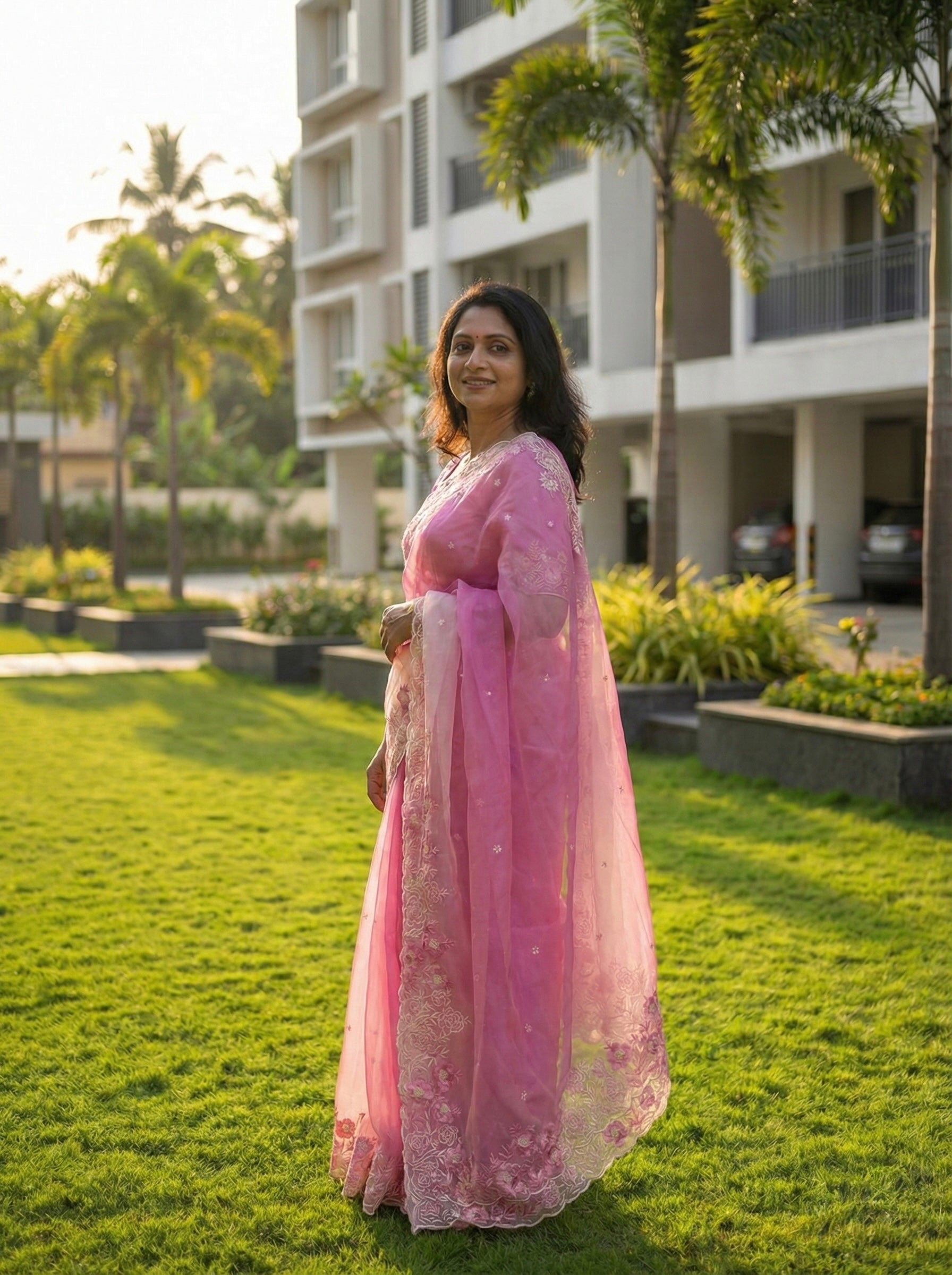 Ombre Organza saree with floral embroidery-Pastel Pink