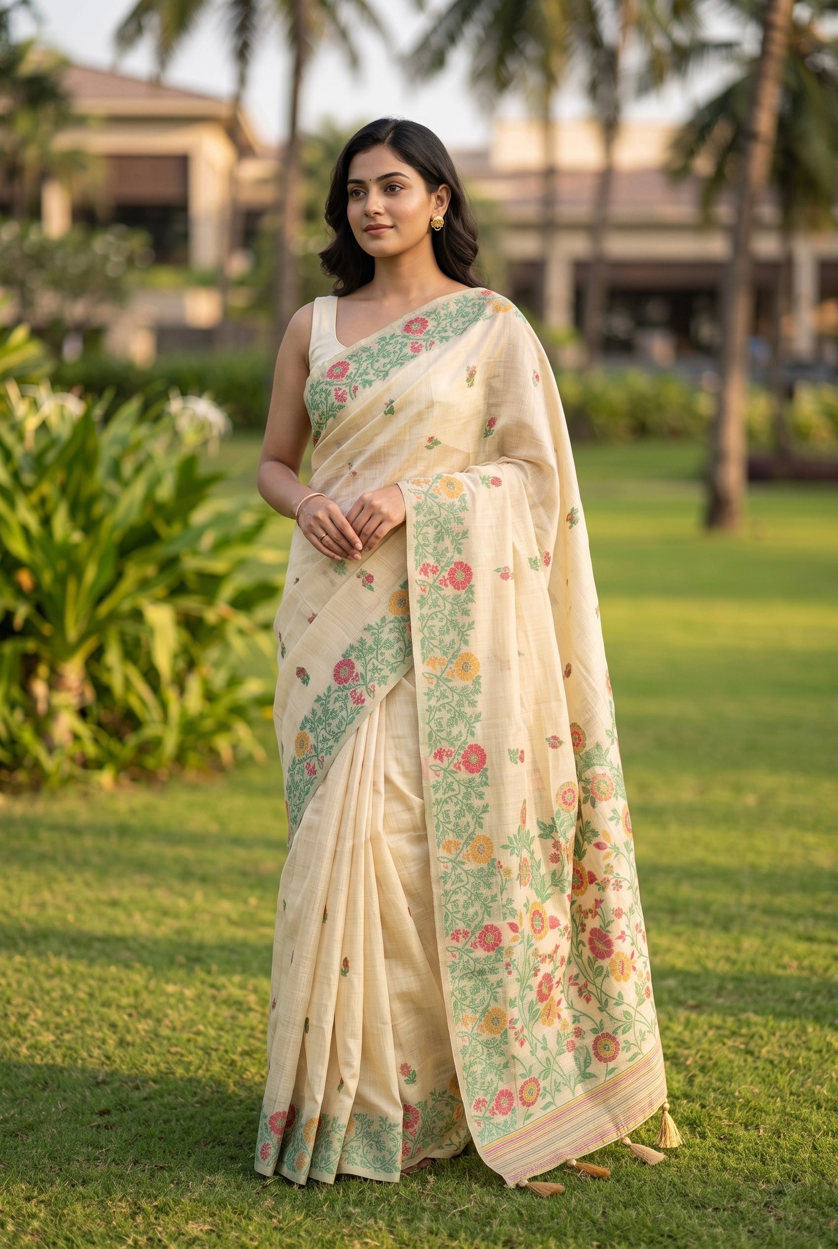 Chanderi Cotton saree with woven floral thread work