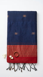 Aranya - Maheswari Cotton Silk Saree-Midnight Blue with Ruby Pallu