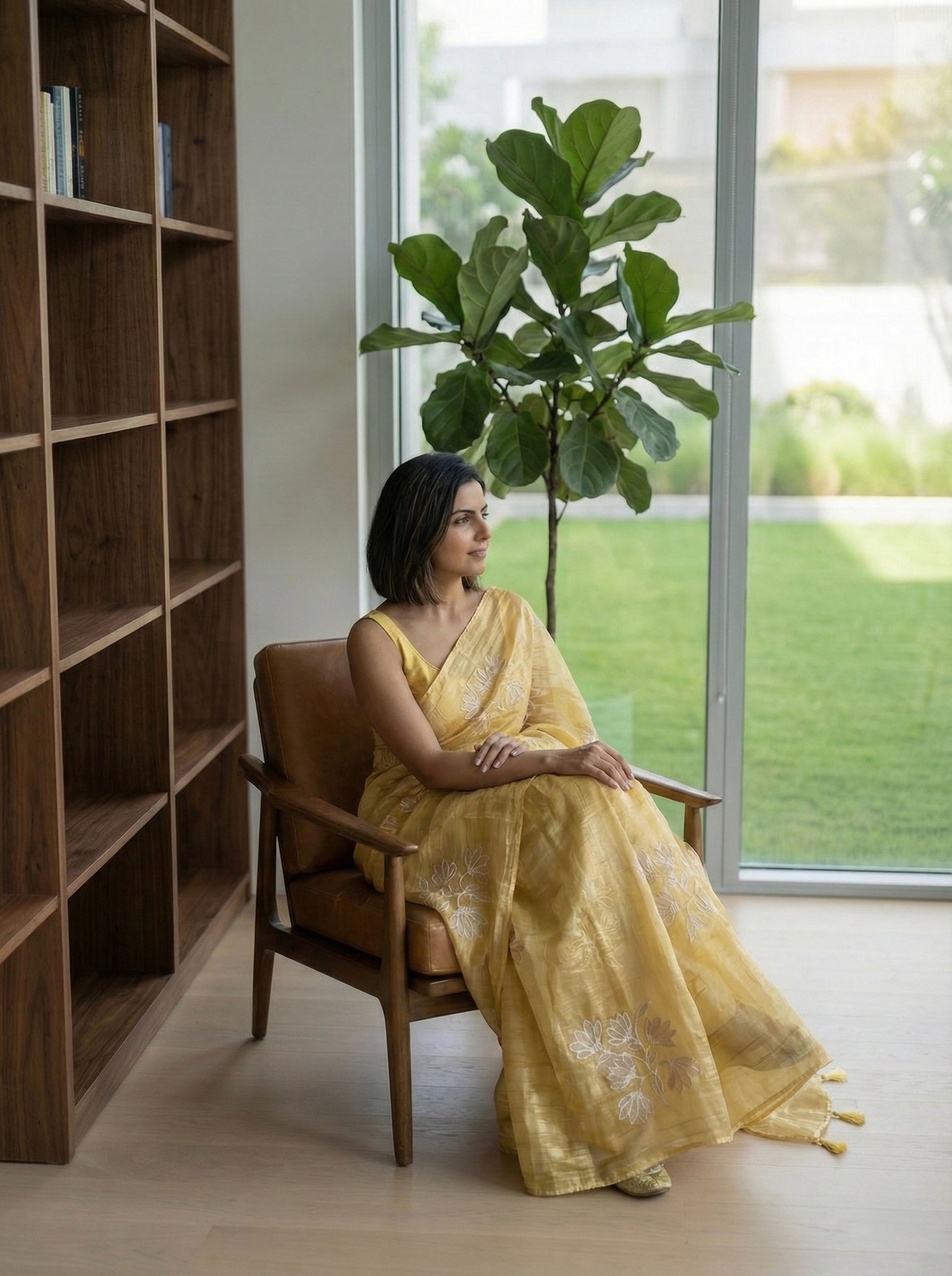 Crushed Organza saree with applique work-Mellow Yellow