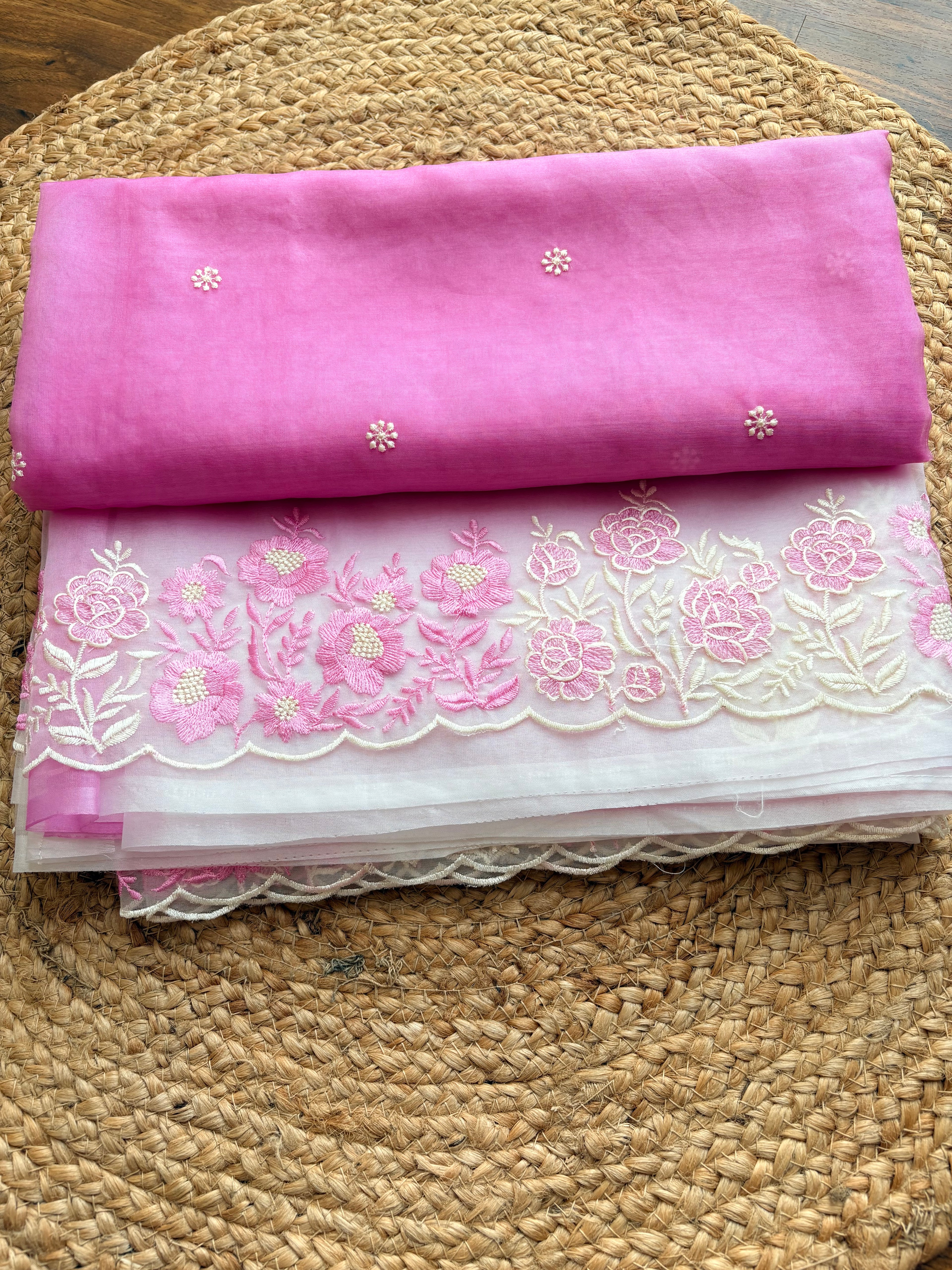 Ombre Organza saree with floral embroidery-Pastel Pink