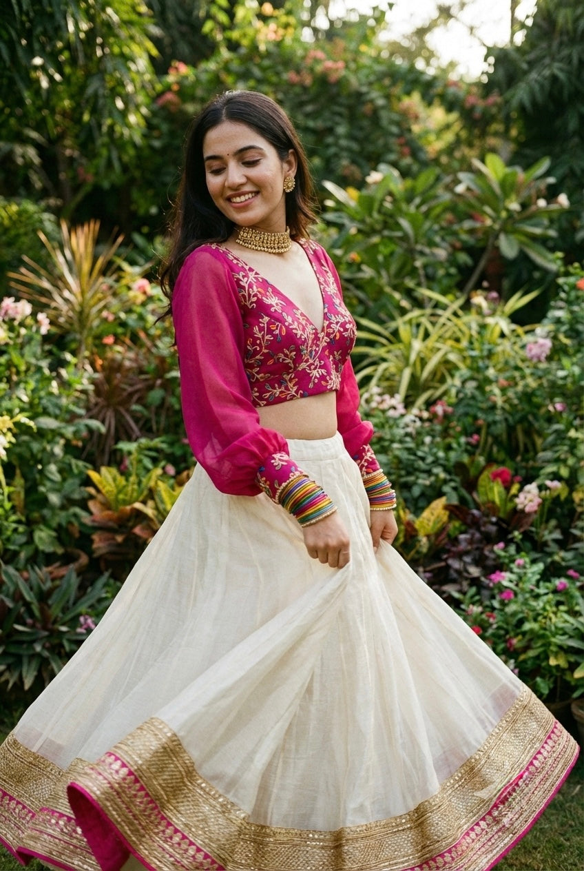 Deep V neck Bishop Sleeves Embroidered Blouse