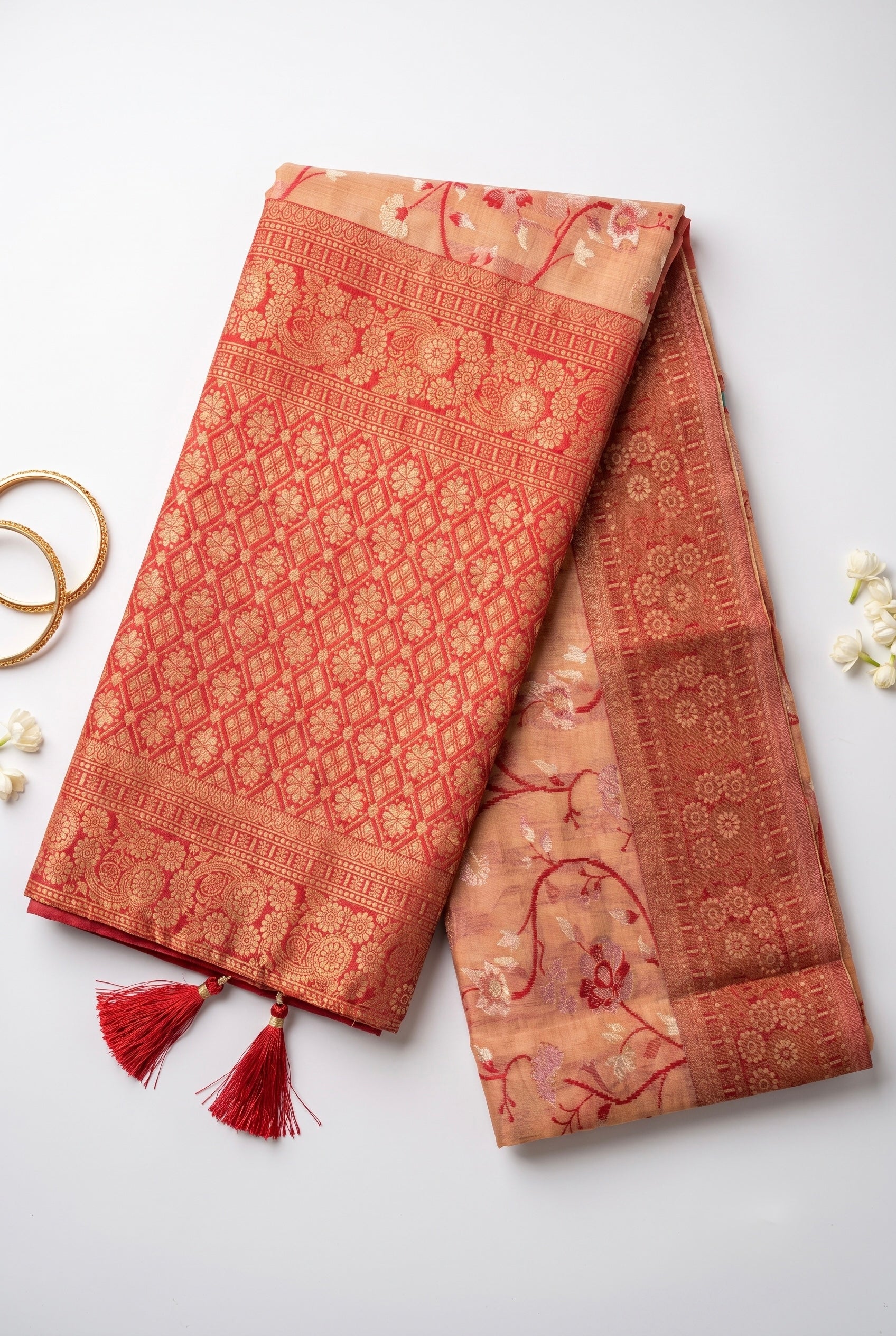 Peach shade Chanderi Cotton saree with jacquard weave pallu