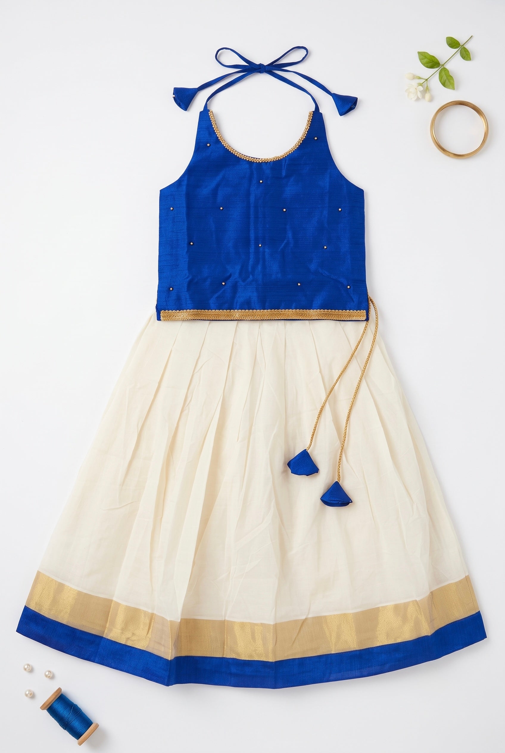 Blue & Ivory halter neck ethnic skirt and top for girls