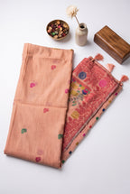 Chanderi cotton saree with woven floral and peacocok motifs