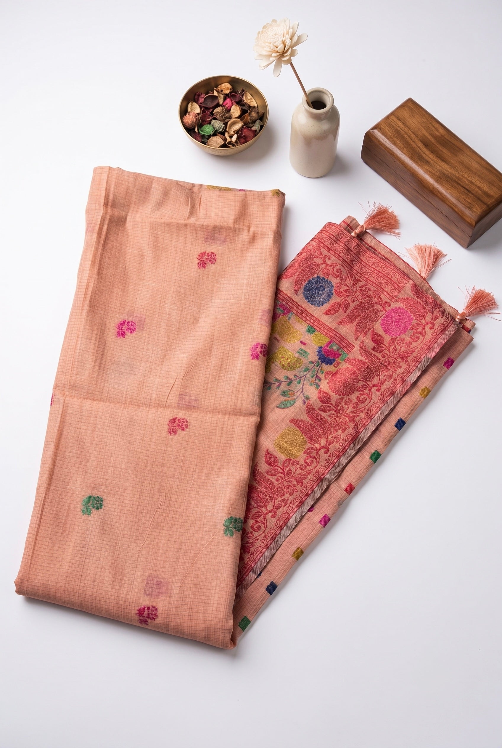 Chanderi cotton saree with woven floral and peacocok motifs