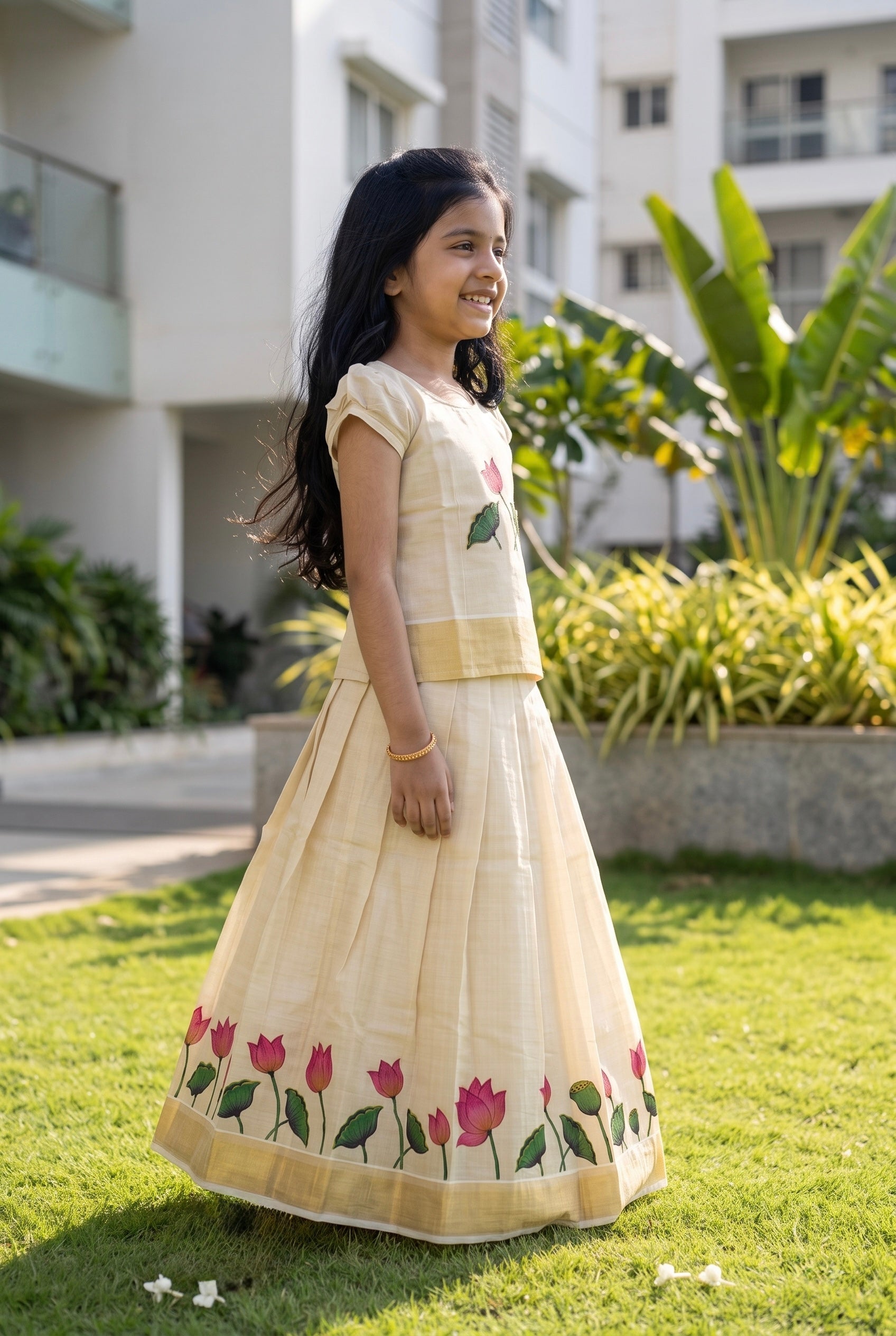 Ivory soft tissue ethnic skirt and top for girls