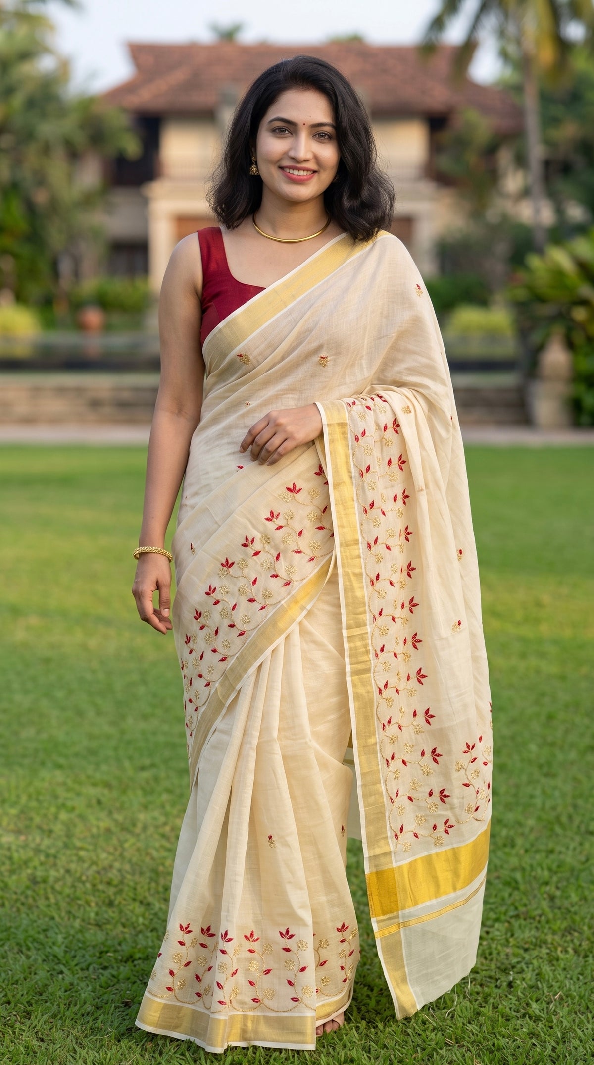 Kerala kasavu saree in tissue with gold zari and embroidery