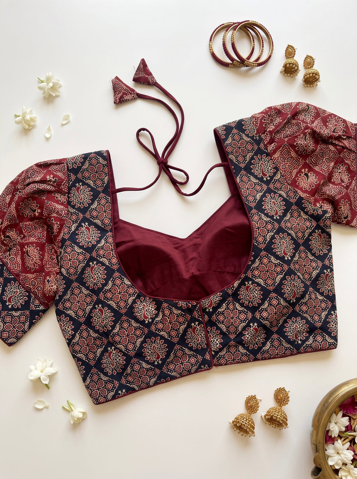 Ajrakh Katori blouse with puff sleeves