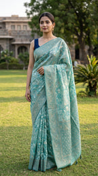 Chanderi Cotton saree with jacquard weave pallu in teal