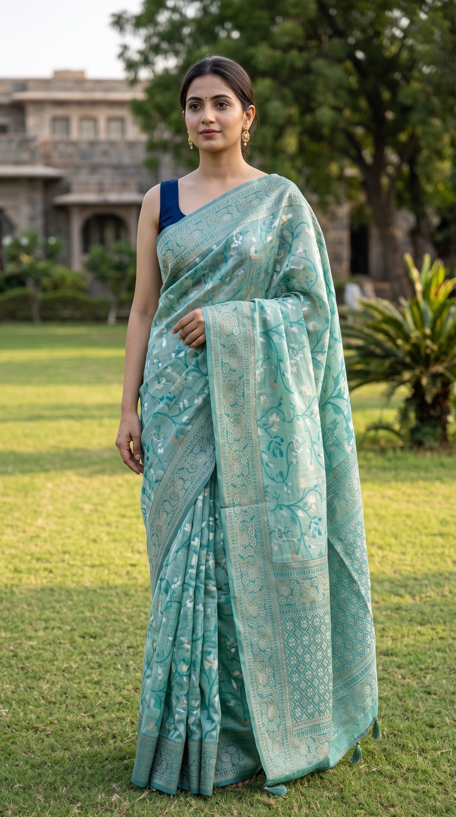 Chanderi Cotton saree with jacquard weave pallu in teal