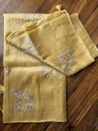 Crushed Organza saree with applique work-Mellow Yellow