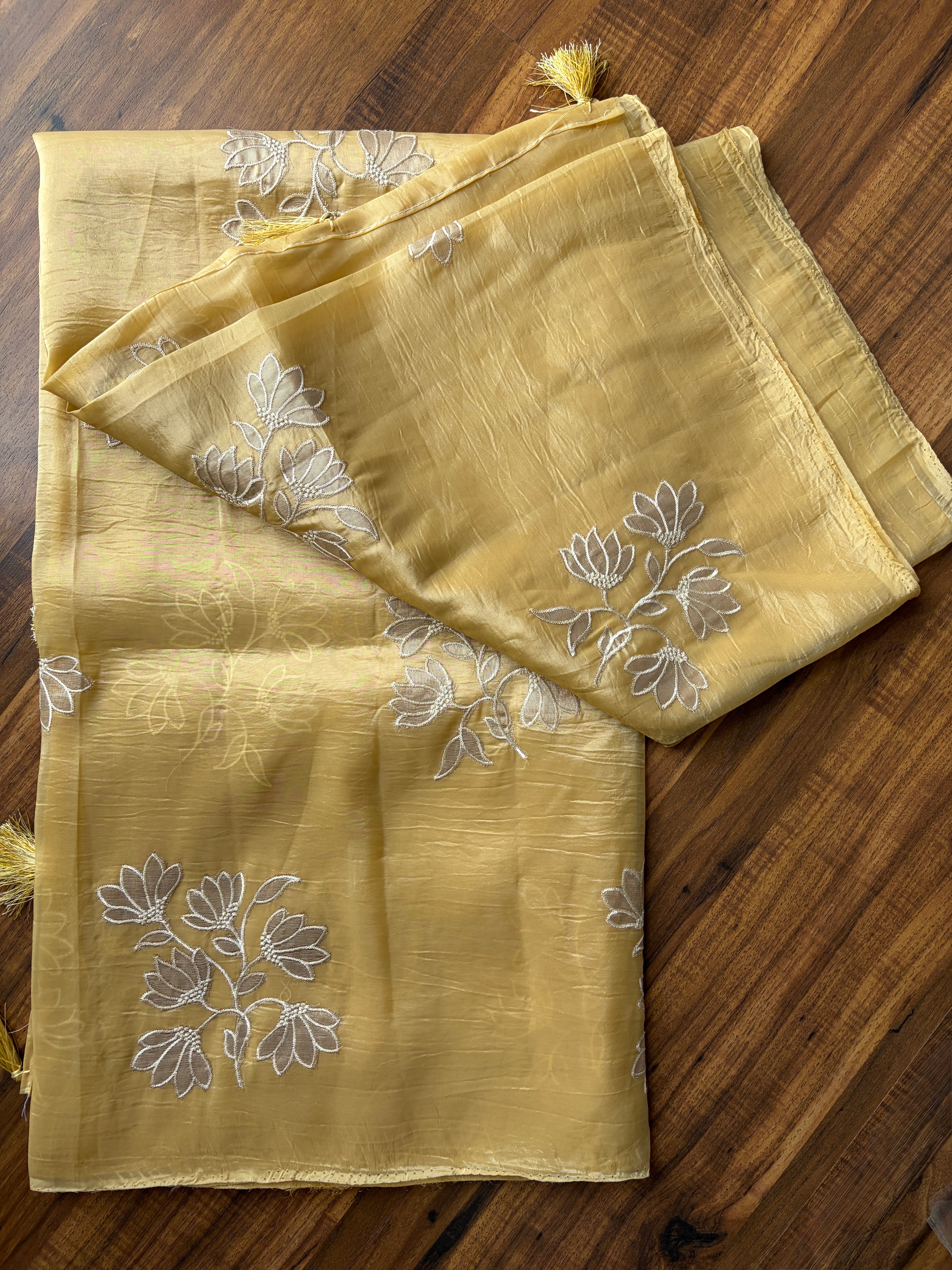 Crushed Organza saree with applique work-Mellow Yellow