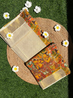 Kerala kasavu saree with mural print