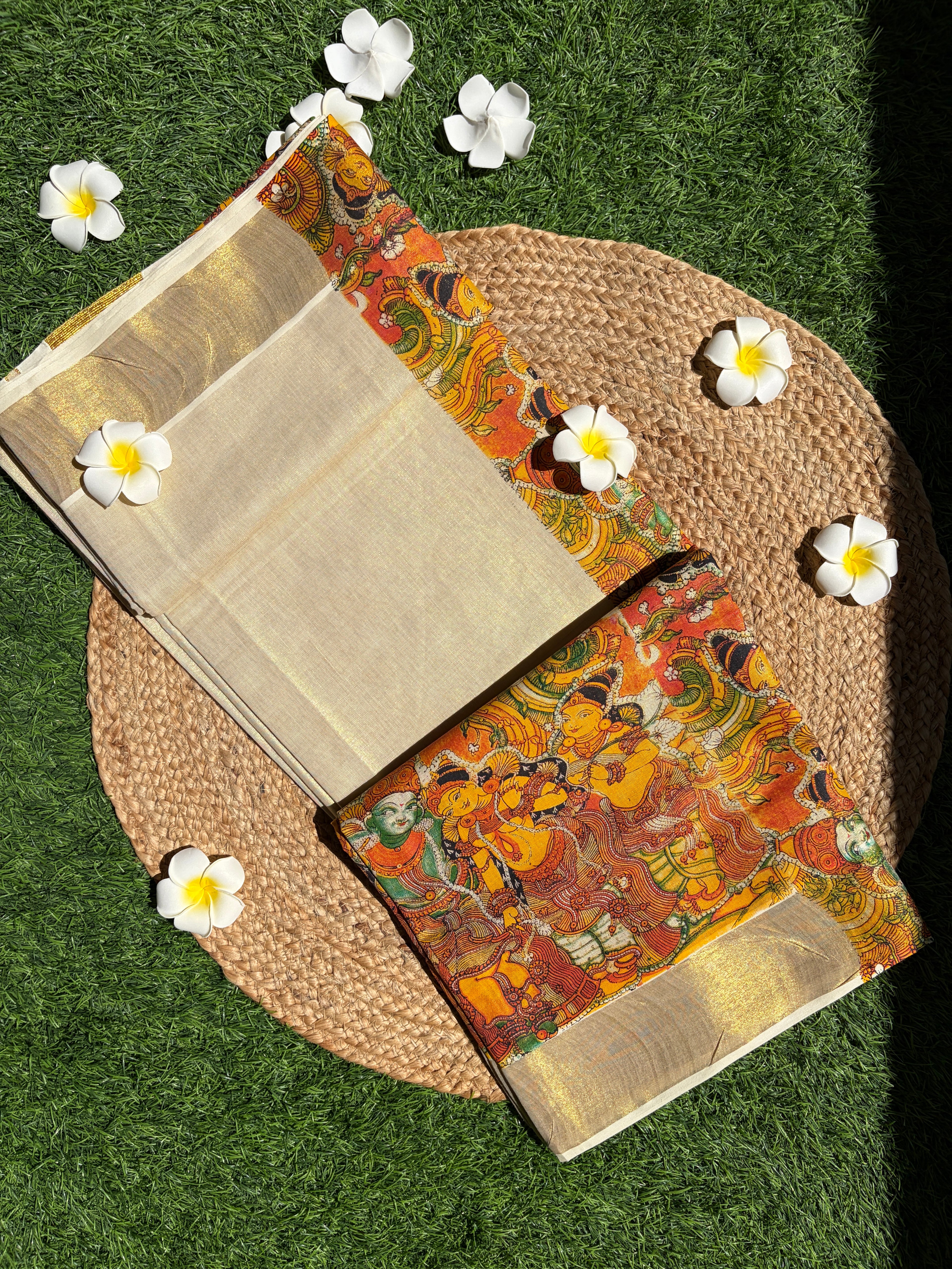 Kerala kasavu saree with mural print