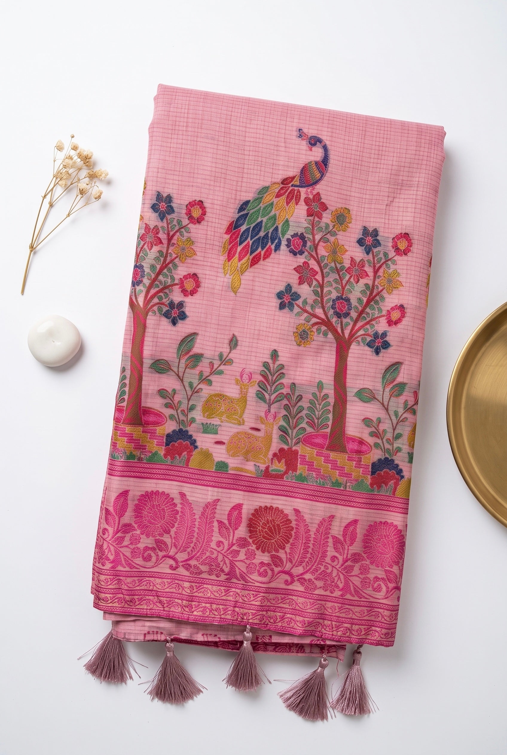 Chanderi cotton saree with woven floral and peacocok motifs