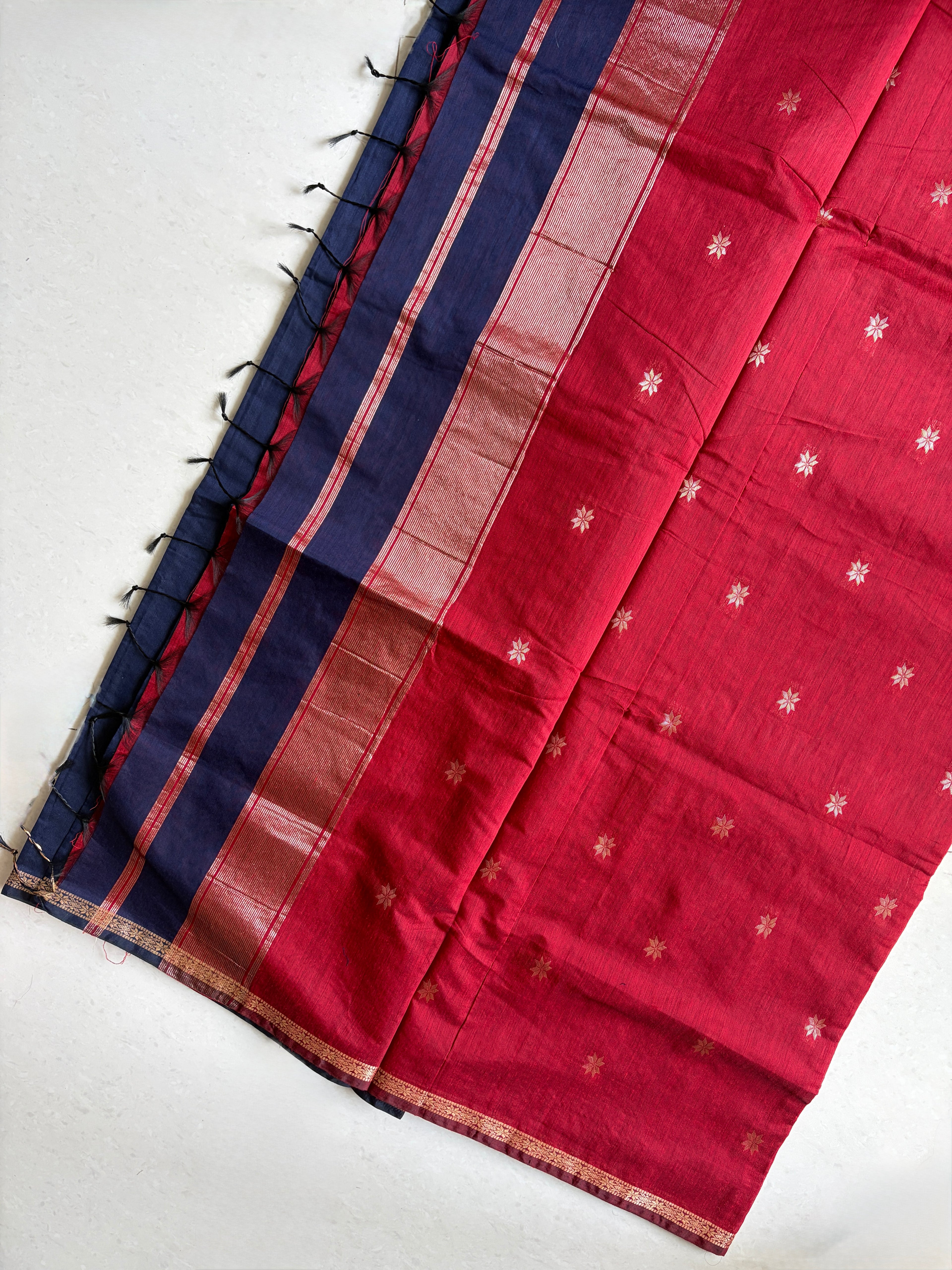Aranya - Maheswari Cotton Silk Saree-Midnight Blue with Ruby Pallu