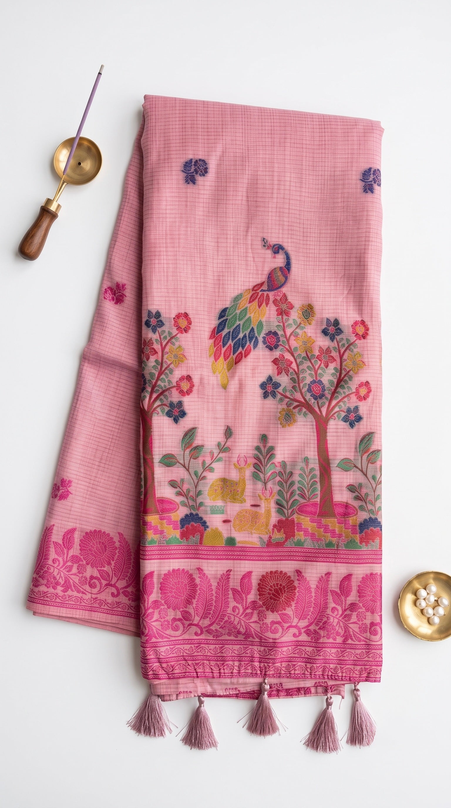 Chanderi cotton saree with woven floral and peacocok motifs