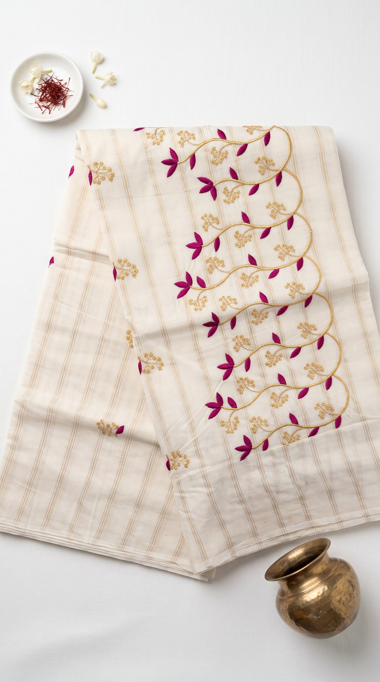 Kerala embroidered saree in gold stripes and thread work
