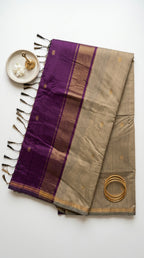Ananya-Maheswari Cotton Silk Saree-Sand Beige and Royal Plum Pallu