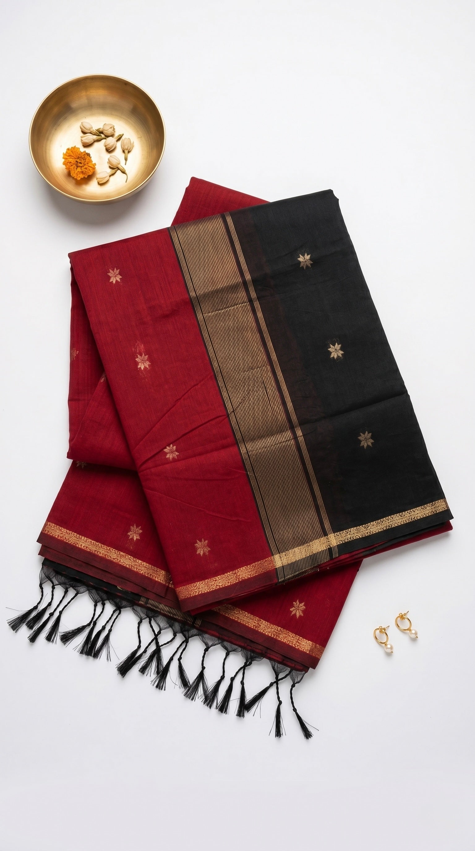 Raga-Maheswari Cotton Silk Saree-Crimson Red and Black Pallu