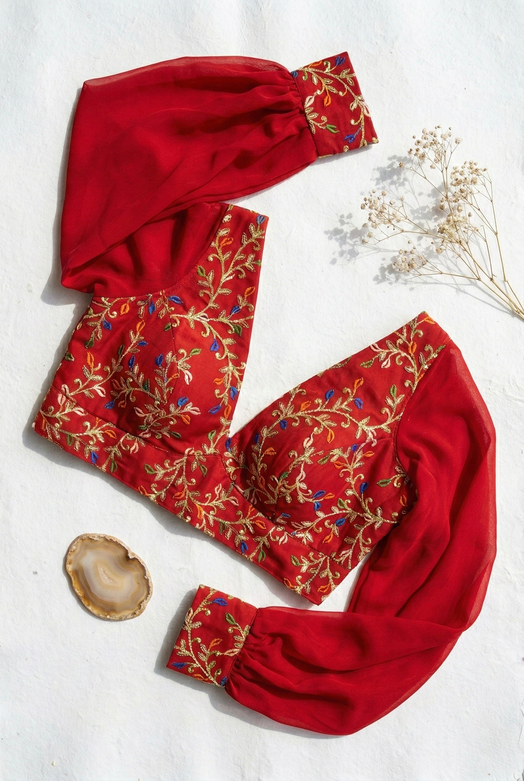 Deep V neck Bishop Sleeves Embroidered Blouse