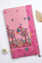 Chanderi cotton saree with woven floral and peacocok motifs