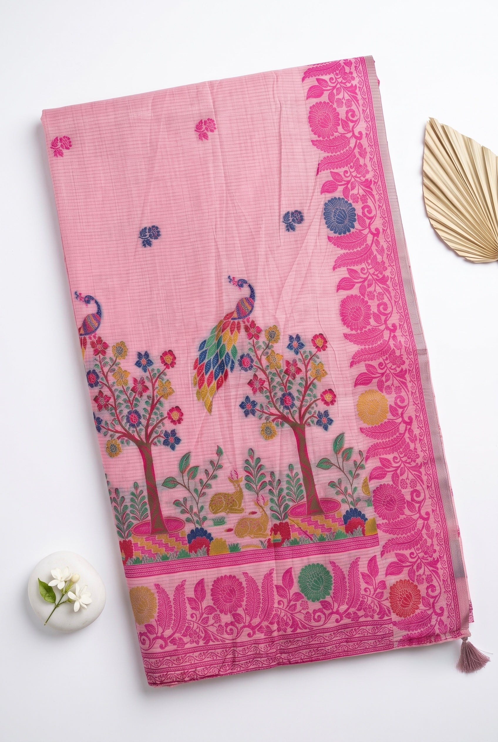 Chanderi cotton saree with woven floral and peacocok motifs
