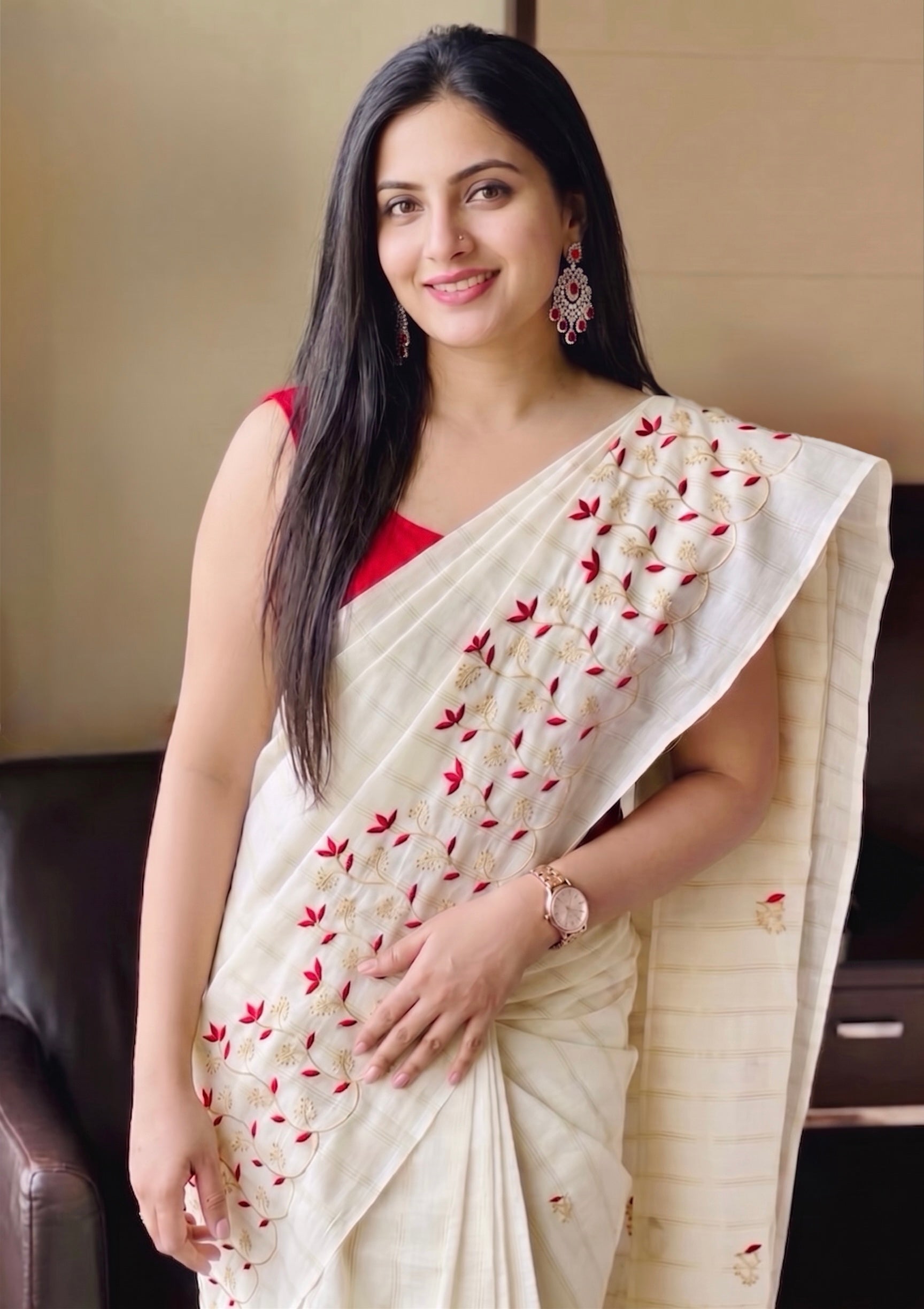 Ithal - Kerala embroidered saree in gold stripes and thread work
