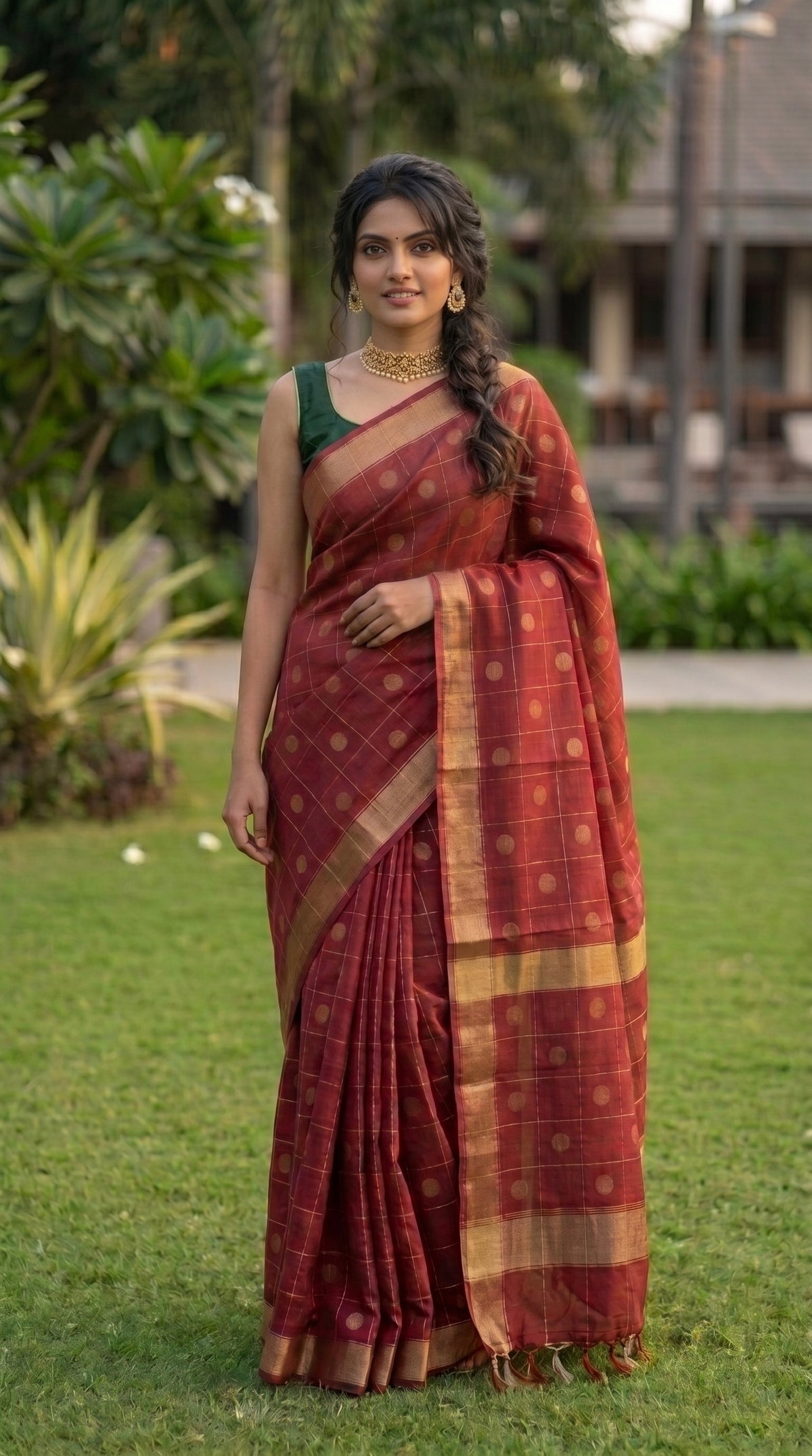 Chandani-Semi tussar saree with polka dot checkered weave design
