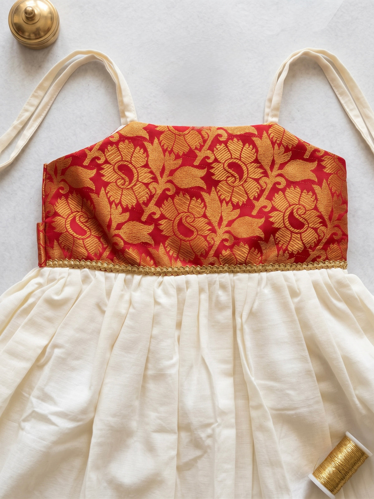 Roohi - Cotton and Brocade Red ethnic frock with tie for girls