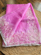 Ombre Organza saree with floral embroidery-Pastel Pink