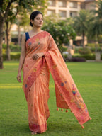 Chanderi cotton saree with woven floral and peacocok motifs
