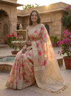 Chanderi blend saree with woven pink leaf motifs