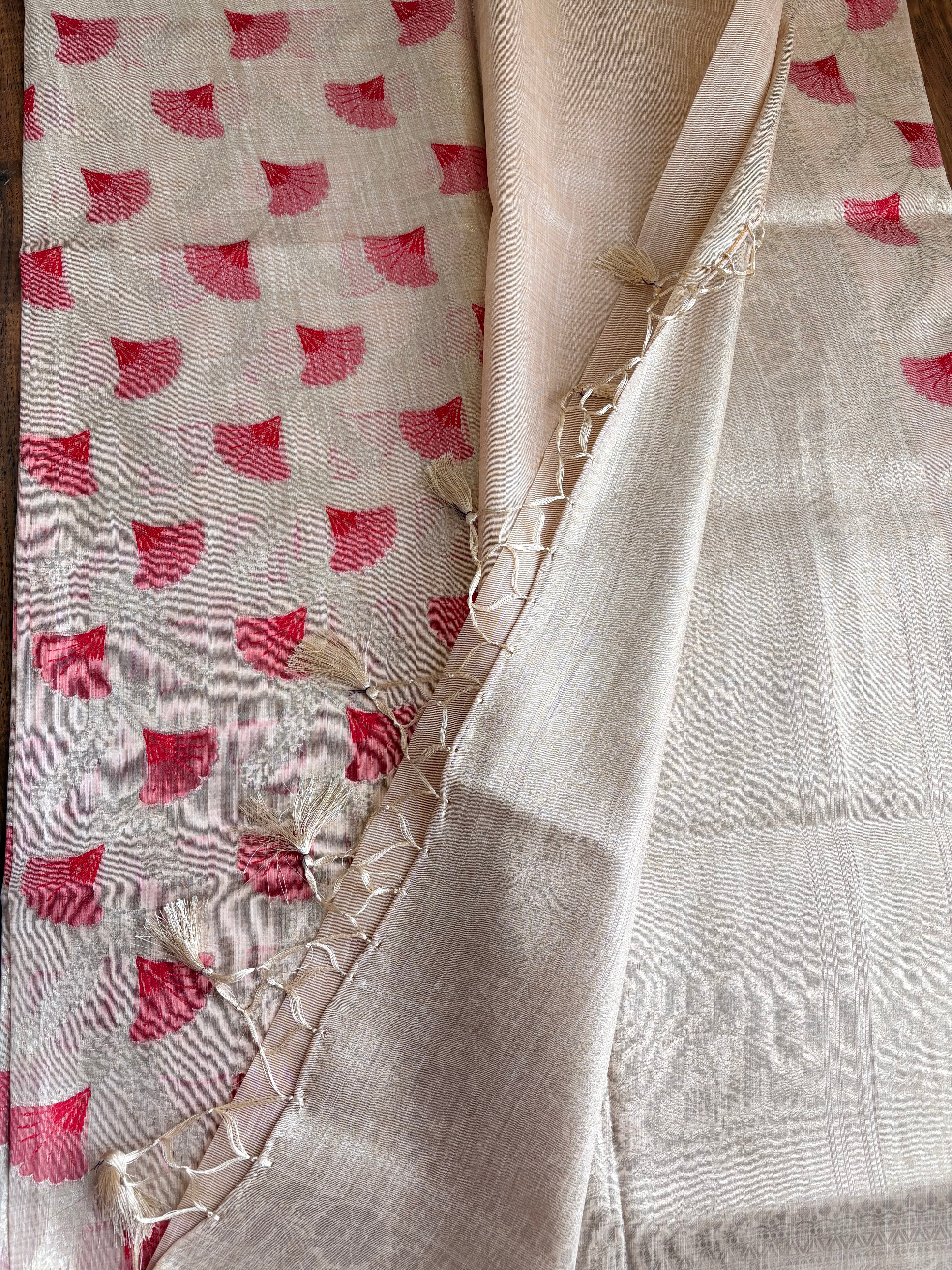 Chanderi blend saree with woven red motifs