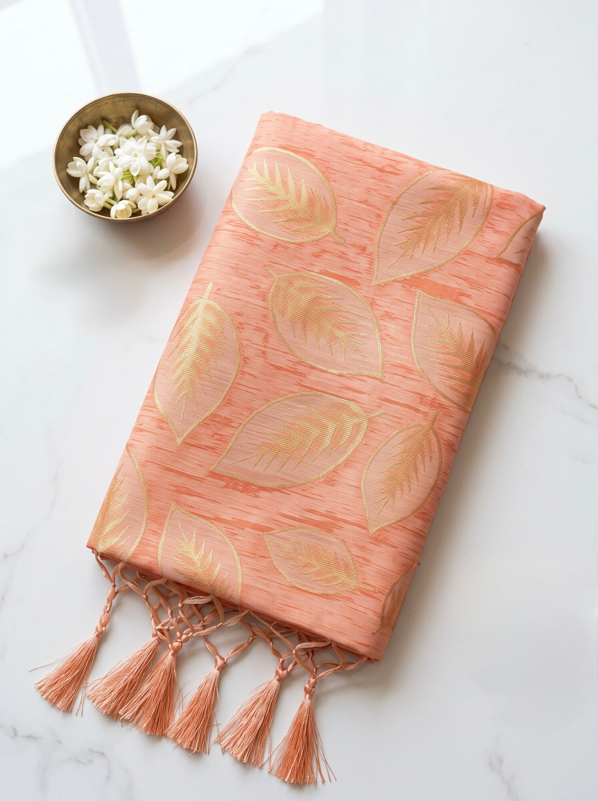 Chanderi saree in pastel shades with woven zari and thread leaves pattern