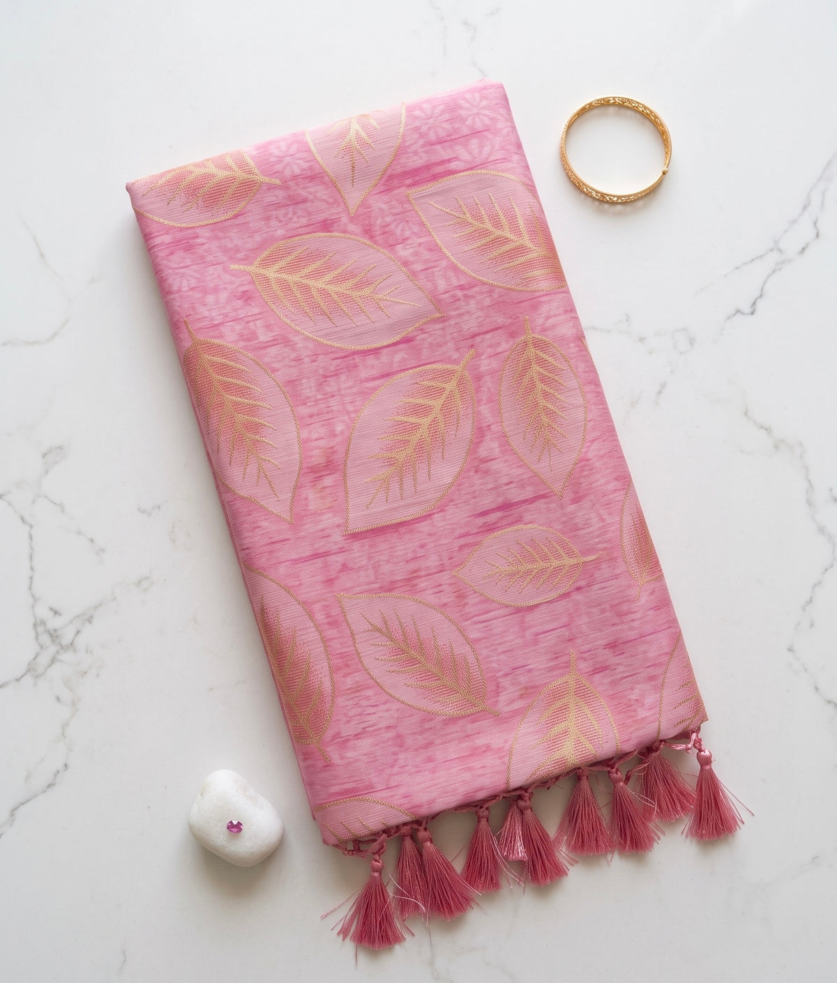 Chanderi saree in pastel shades with woven zari and thread leaves pattern