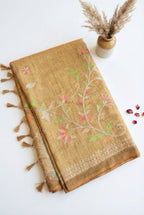 Linen tissue saree in zari work-Mustard Yellow