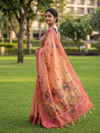 Chanderi cotton saree with woven floral and peacocok motifs