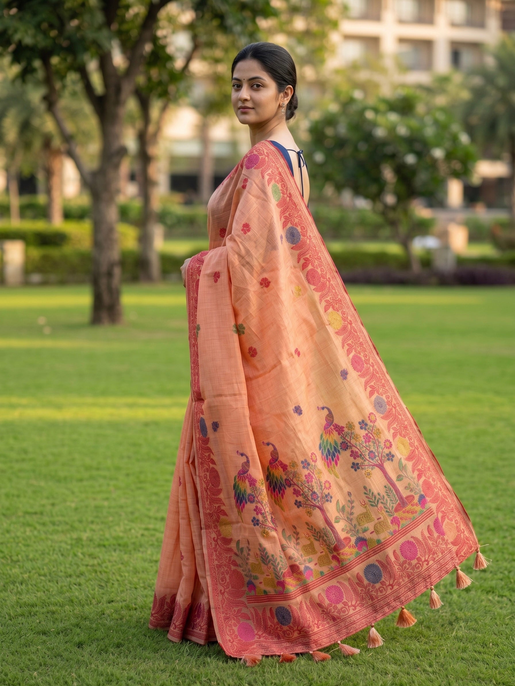 Chanderi cotton saree with woven floral and peacocok motifs