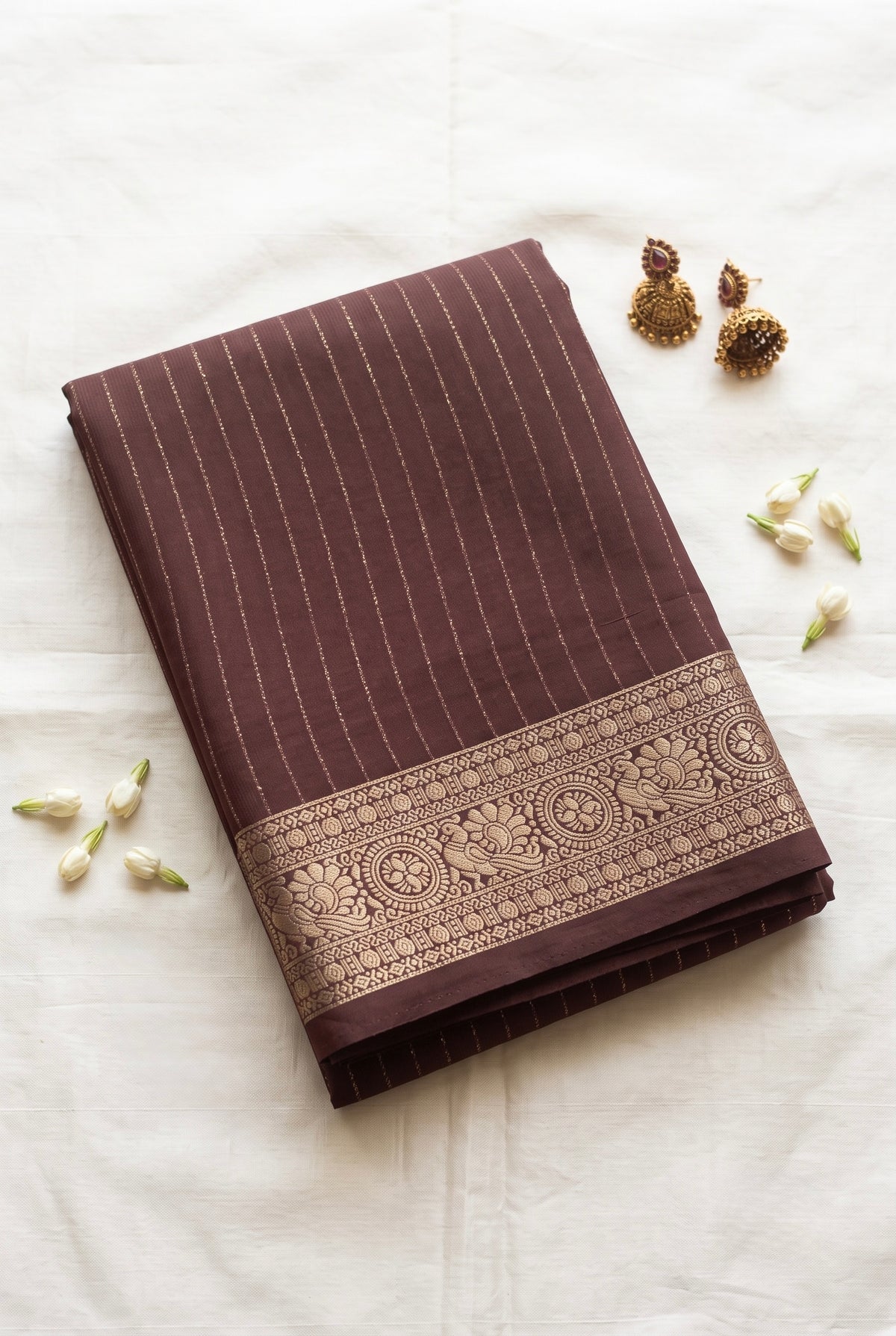 Viscose Crepe Solid saree with gold zari stripes
