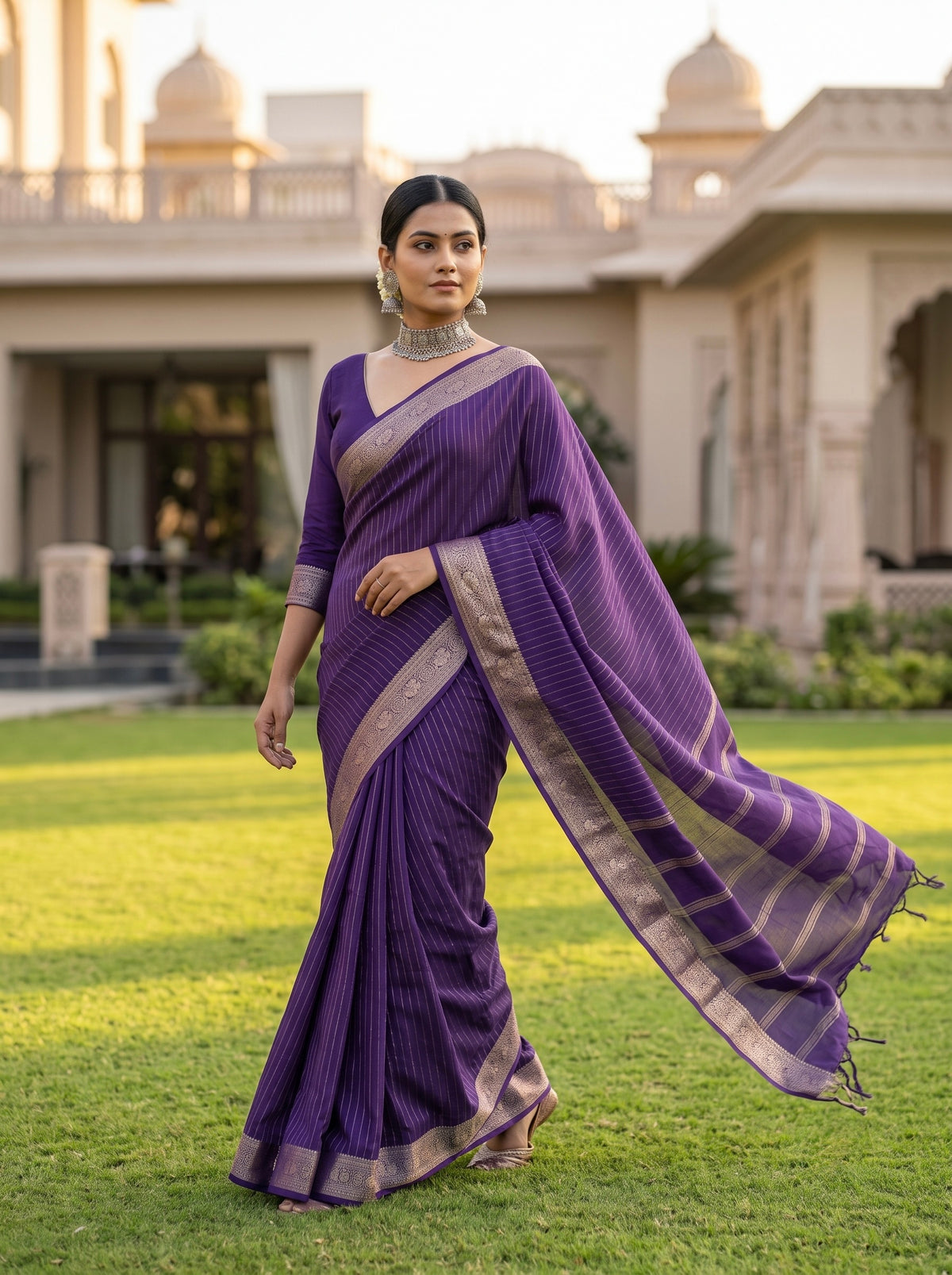 Viscose Crepe Solid saree with gold zari stripes