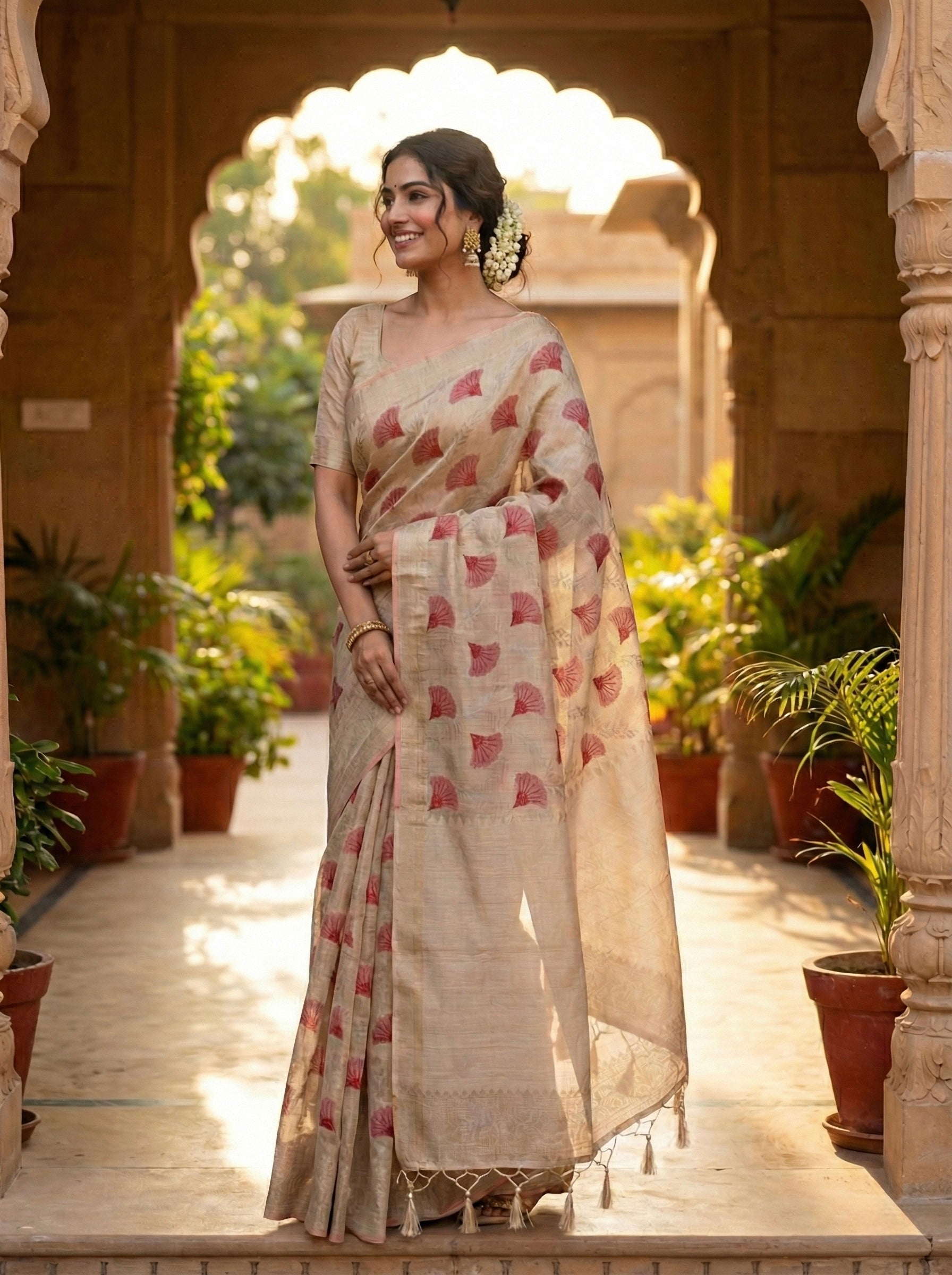 Chanderi blend saree with woven red motifs