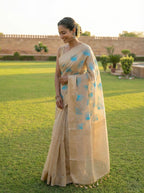 Chanderi silk-cotton blend saree with woven blue motifs
