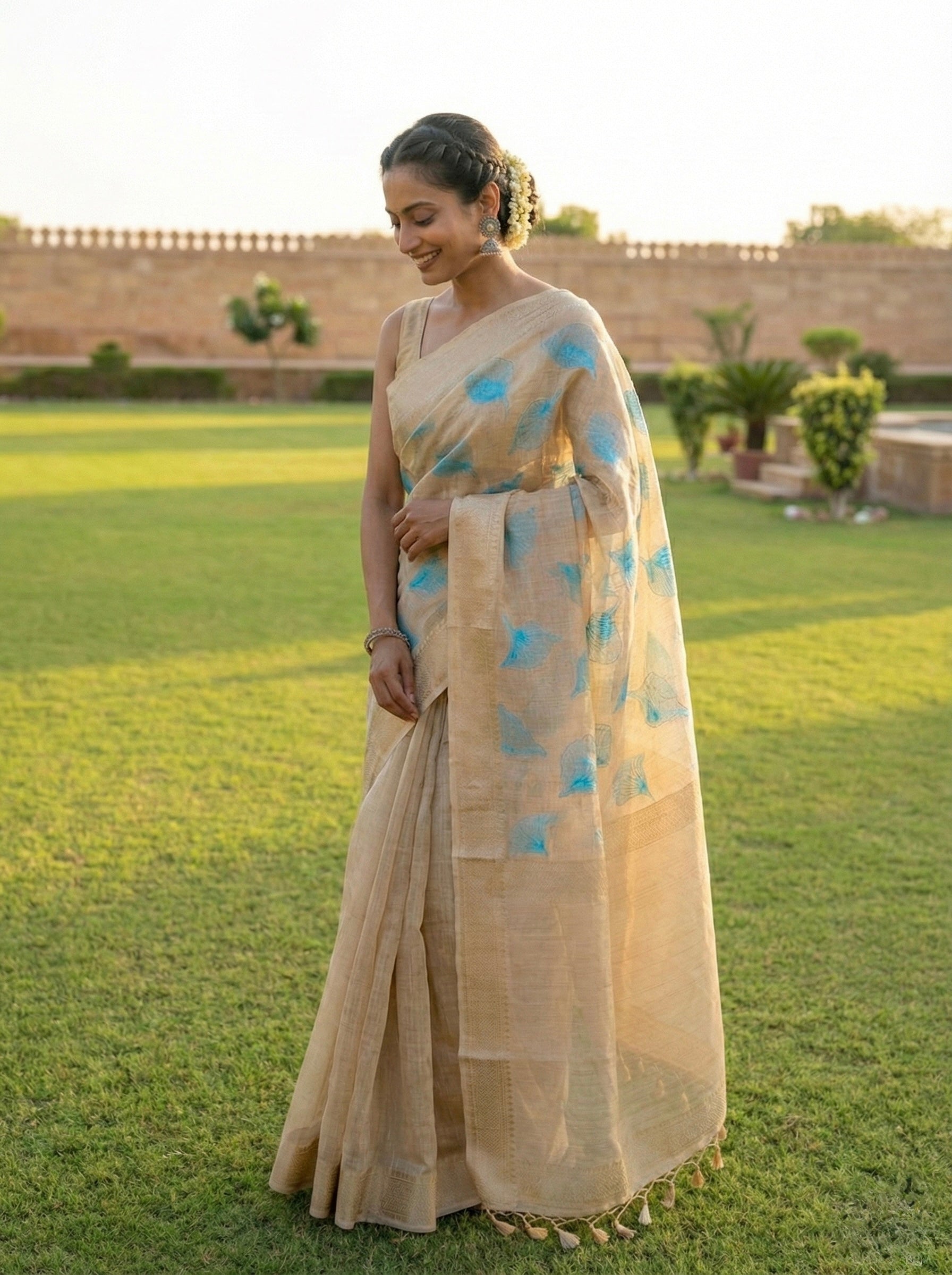 Chanderi silk-cotton blend saree with woven blue motifs